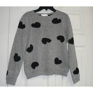 Cotton Emporium Girls Long Sleeve Crew Neck Sweater In Grey Black Hearts Large